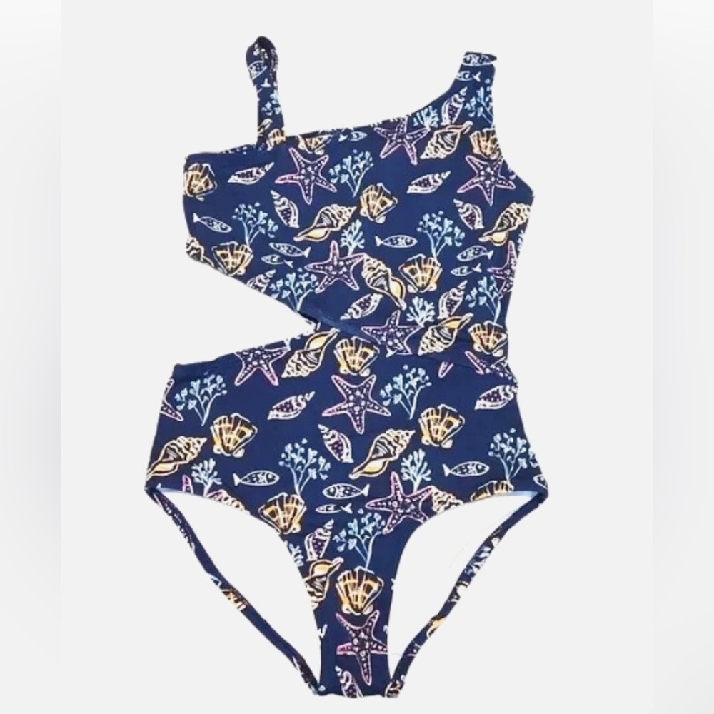Garnet Hill Kids Girls One Piece Swimsuit - Blue Starfish Design